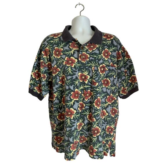 Tommy Bahama Mens Large Floral Print Cotton Hawaiian Polo Shirt Blue Multi Color - Picture 1 of 4